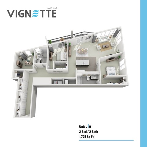 Floor plan for 2 beds, 2 baths, 1775 sqft