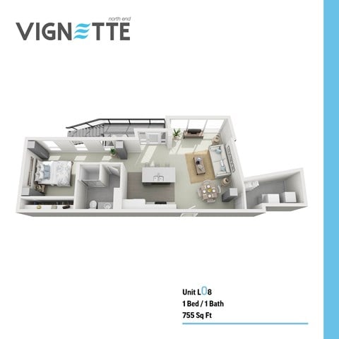Floor plan for 1 bed, 1 bath, 755 sqft