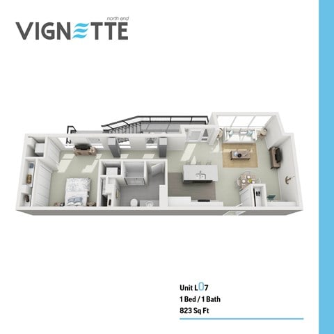 Floor plan for 1 bed, 1 bath, 823 sqft