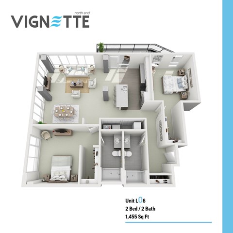 Floor plan for 2 beds, 2 baths, 1455 sqft