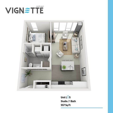 Floor plan for studio, 1 bath, 557 sqft