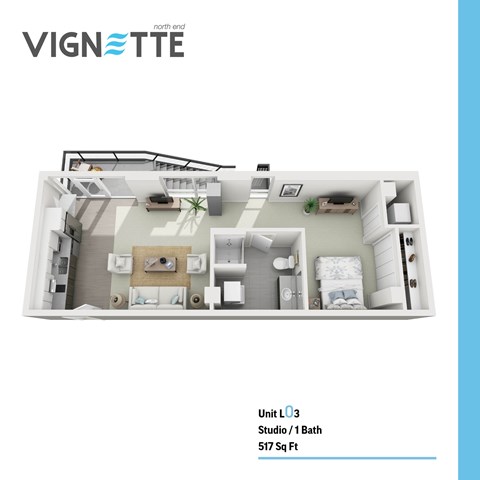 Floor plan for studio, 1 bath, 517 sqft