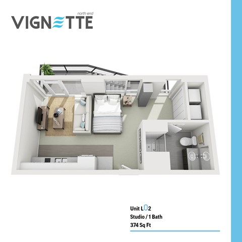 Floor plan for studio, 1 bath, 374 sqft