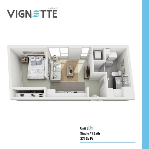 Floor plan for studio, 1 bath, 374 sqft