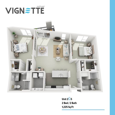 Floor plan for 2 beds, 2 baths, 1225 sqft