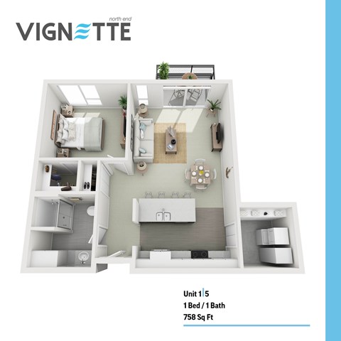 Floor plan for 1 bed, 1 bath, 758 sqft