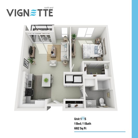 Floor plan for 1 bed, 1 bath, 682 sqft