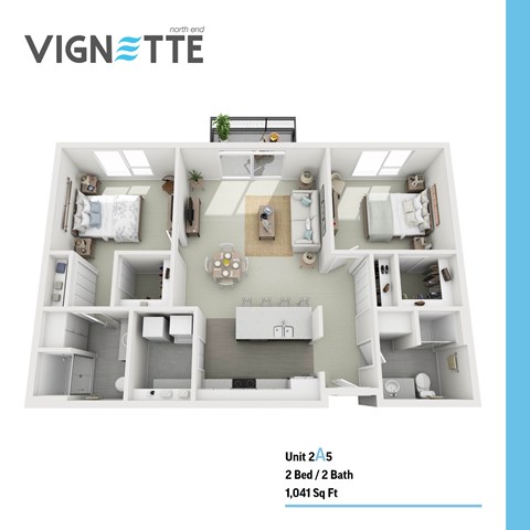 Floor plan for 2 beds, 2 baths, 1041 sqft