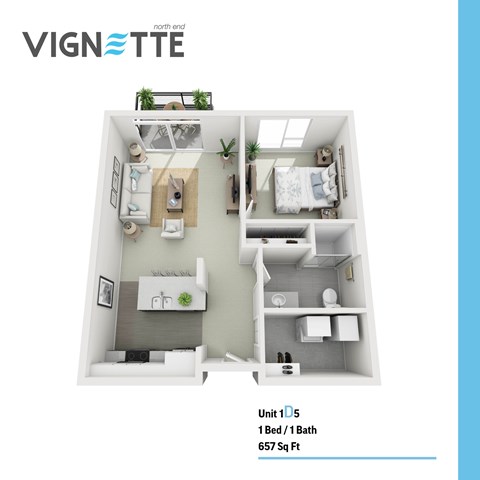 Floor plan for 1 bed, 1 bath, 657 sqft