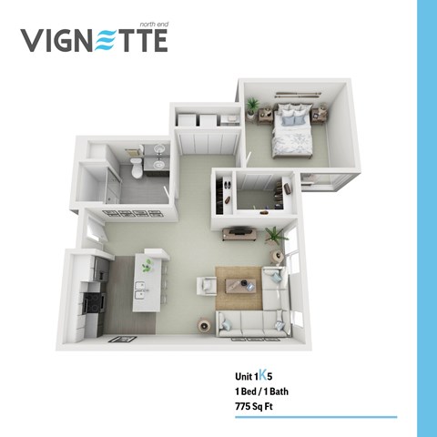 Floor plan for 1 bed, 1 bath, 775 sqft