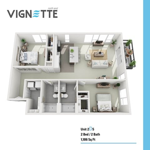 Floor plan for 2 beds, 2 baths, 1186 sqft