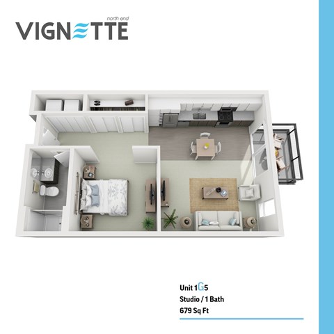 Floor plan for studio, 1 bath, 679 sqft