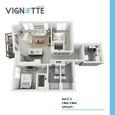 Floor plan for 2 beds, 2 baths, 1115 sqft