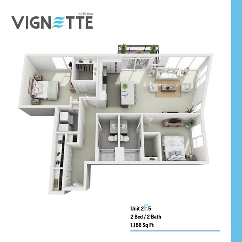 Floor plan for 2 beds, 2 baths, 1186 sqft