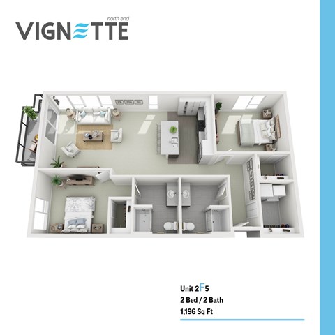 Floor plan for 2 beds, 2 baths, 1196 sqft