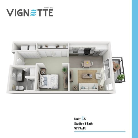 Floor plan for studio, 1 bath, 571 sqft