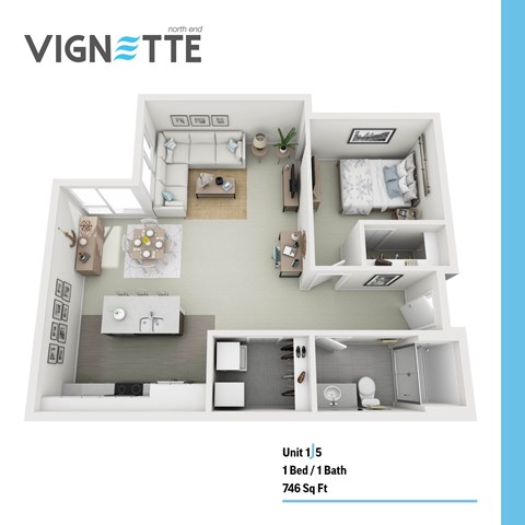 Floor plan for 1 bed, 1 bath, 746 sqft