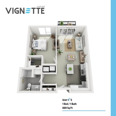 Floor plan for 1 bed, 1 bath, 669 sqft
