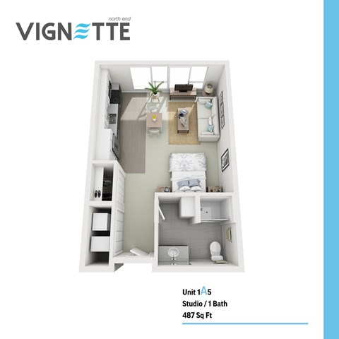 Floor plan for studio, 1 bath, 487 sqft