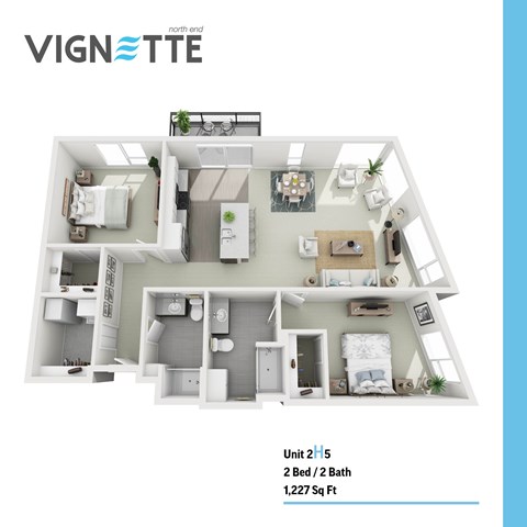 Floor plan for 2 beds, 2 baths, 1227 sqft