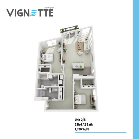 Floor plan for 2 beds, 2 baths, 1336 sqft