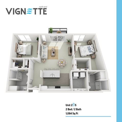 Floor plan for 2 beds, 2 baths, 1084 sqft