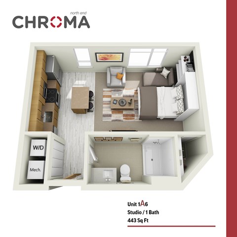 Floor plan for studio, 1 bath, 443 sqft