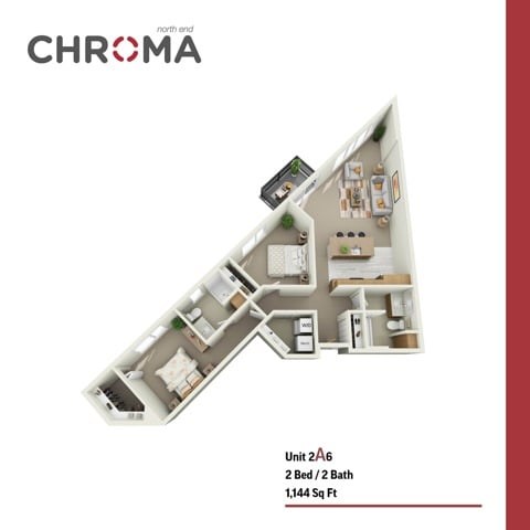 Floor plan for 2 beds, 2 baths, 1144 sqft