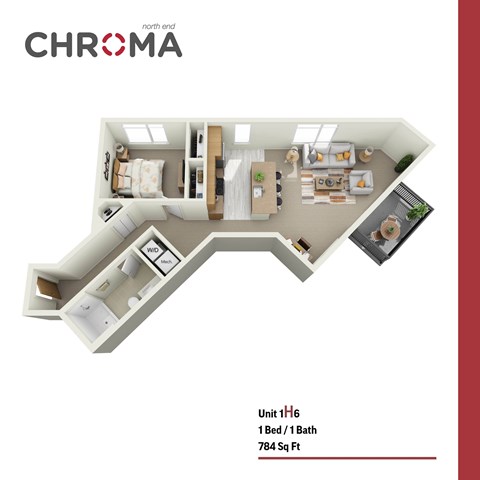 Floor plan for 1 bed, 1 bath, 784 sqft