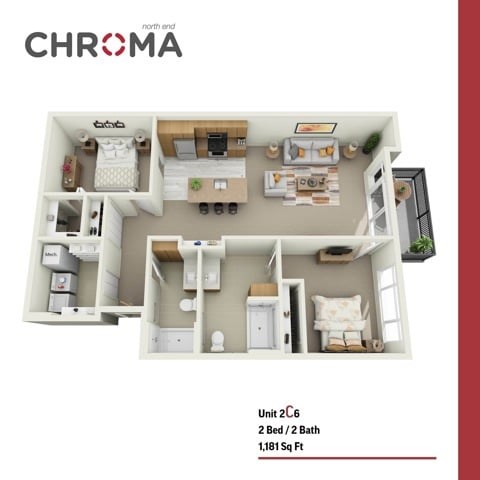 Floor plan for 2 beds, 2 baths, 1181 sqft