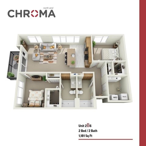Floor plan for 2 beds, 2 baths, 1181 sqft
