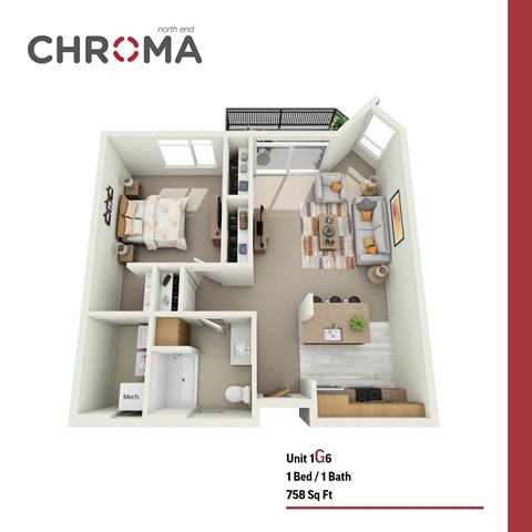 Floor plan for 1 bed, 1 bath, 758 sqft