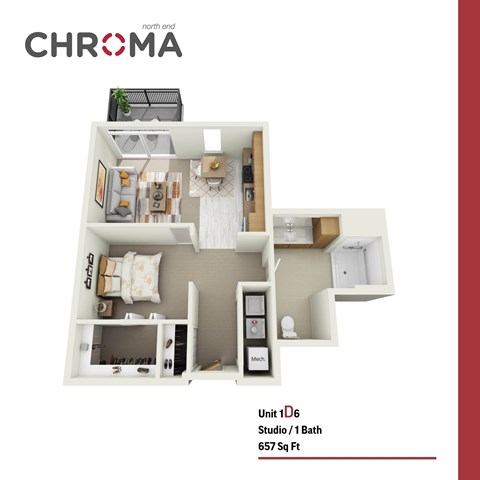 Floor plan for 1 bed, 1 bath, 657 sqft