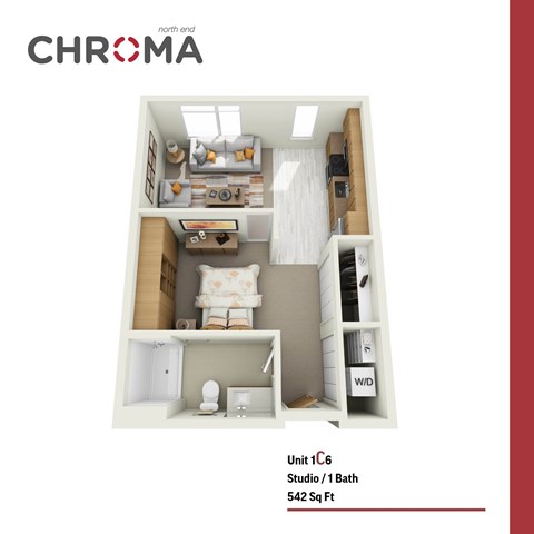 Floor plan for studio, 1 bath, 542 sqft