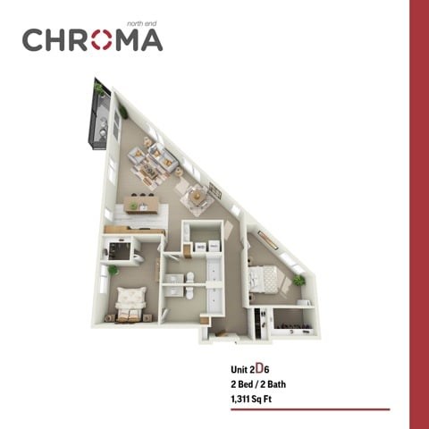 Floor plan for 2 beds, 2 baths, 1311 sqft