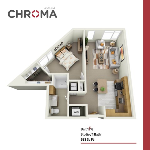 Floor plan for 1 bed, 1 bath, 683 sqft