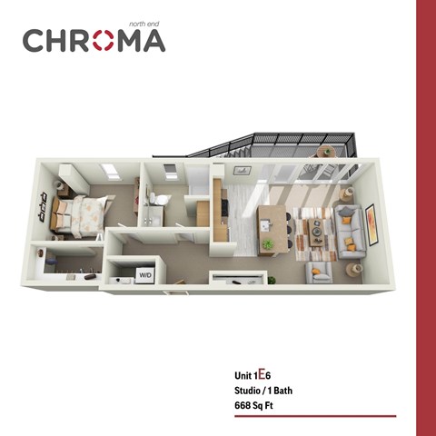 Floor plan for 1 bed, 1 bath, 668 sqft