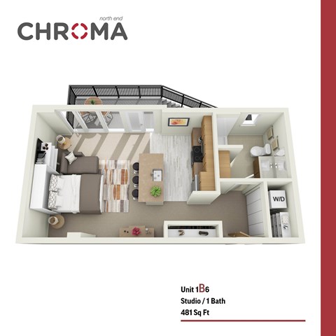 Floor plan for studio, 1 bath, 481 sqft