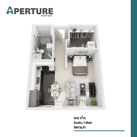 Floor plan for studio, 1 bath, 584 sqft