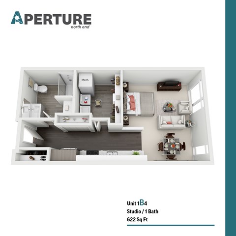 Floor plan for studio, 1 bath, 622 sqft
