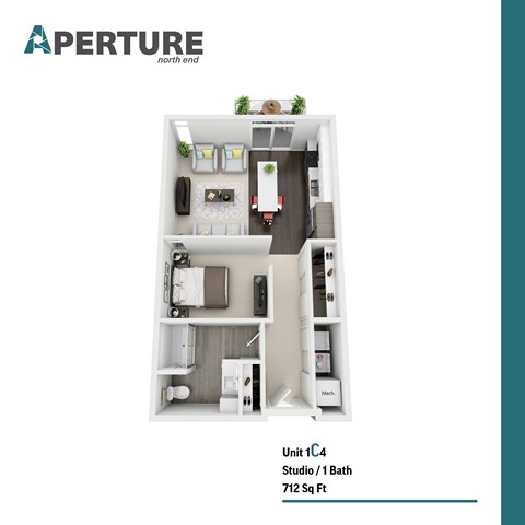 Floor plan for studio, 1 bath, 712 sqft