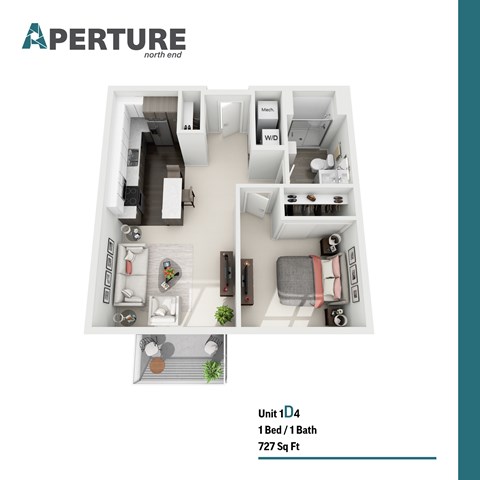 Floor plan for 1 bed, 1 bath, 727 sqft