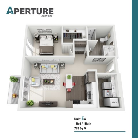 Floor plan for 1 bed, 1 bath, 778 sqft