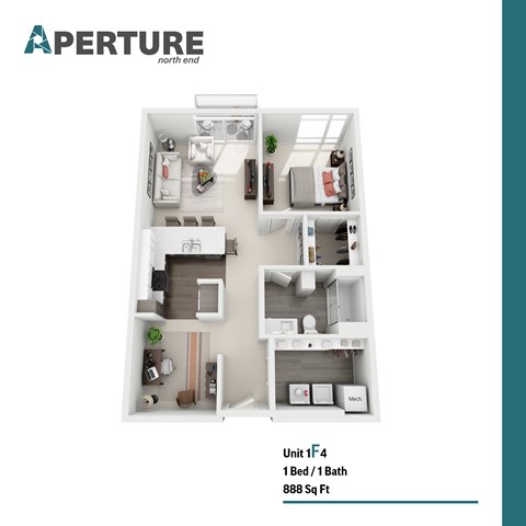 Floor plan for 1 bed, 1 bath, 888 sqft