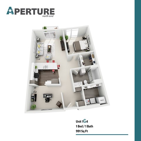 Floor plan for 1 bed, 1 bath, 991 sqft
