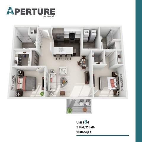 Floor plan for 2 beds, 2 baths, 1086 sqft