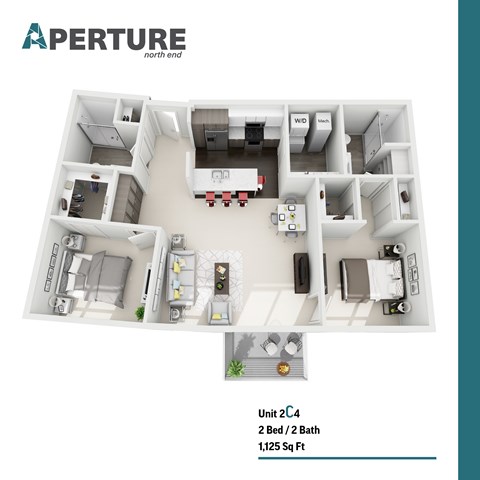 Floor plan for 2 beds, 2 baths, 1125 sqft