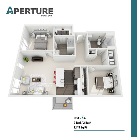 Floor plan for 2 beds, 2 baths, 1149 sqft