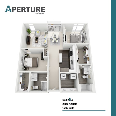 Floor plan for 2 beds, 2 baths, 1200 sqft