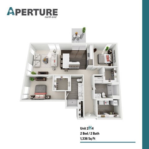 Floor plan for 2 beds, 2 baths, 1336 sqft